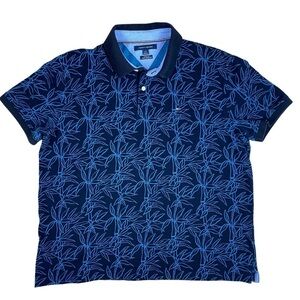 Tommy Hilfiger Navy Blue Turquoise Bamboo Print Polo‎ Shirt, Size Large